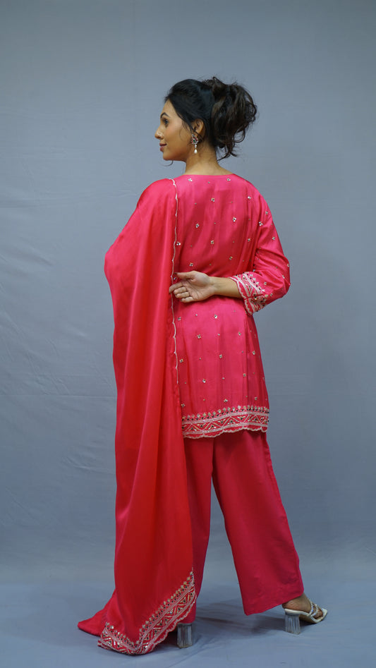 Hot-pink embroidered kurta set