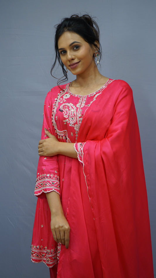 Hot-pink embroidered kurta set