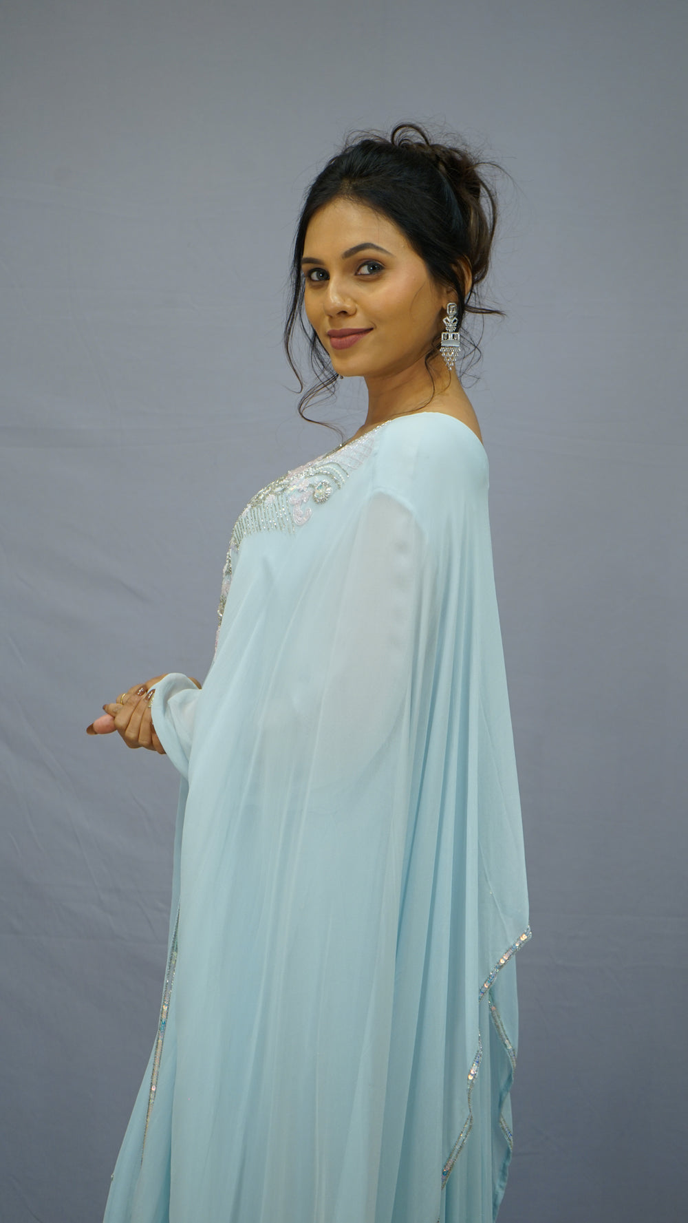 Ice Blue Hand-Embroidered Flowing Gown Set 💫