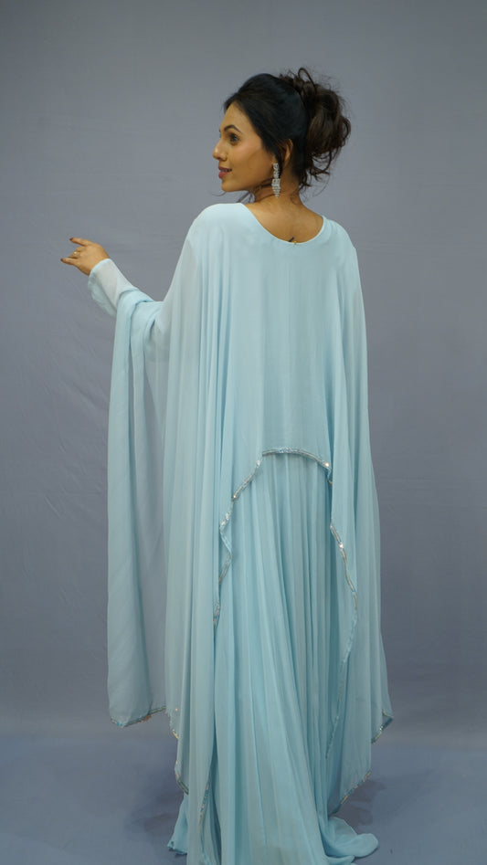 Ice Blue Hand-Embroidered Flowing Gown Set 💫