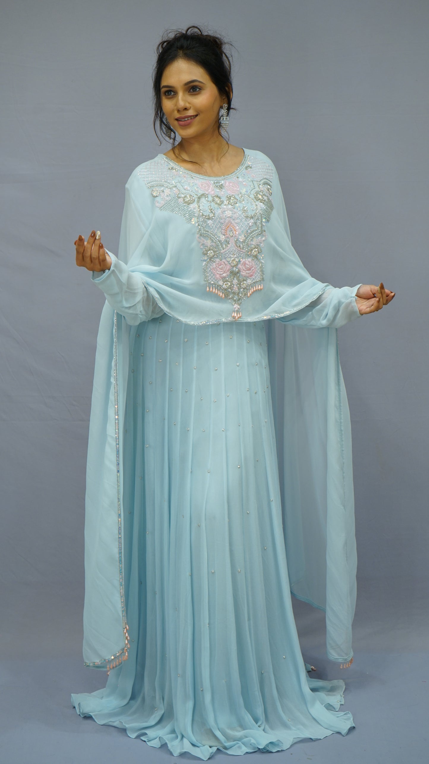 Ice Blue Hand-Embroidered Flowing Gown Set 💫