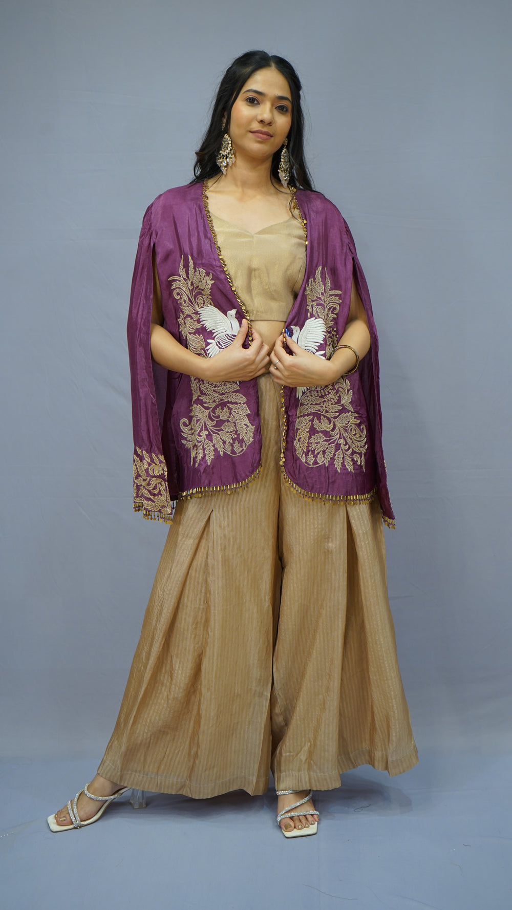 Gold Pleated Sharara Set with Embroidered Cape ✨