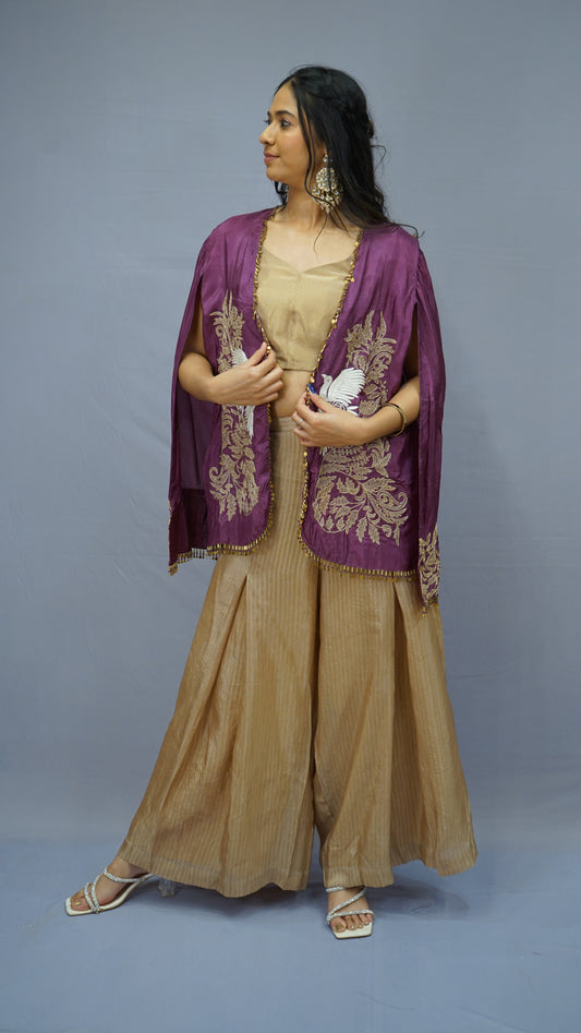 Gold Pleated Sharara Set with Embroidered Cape ✨