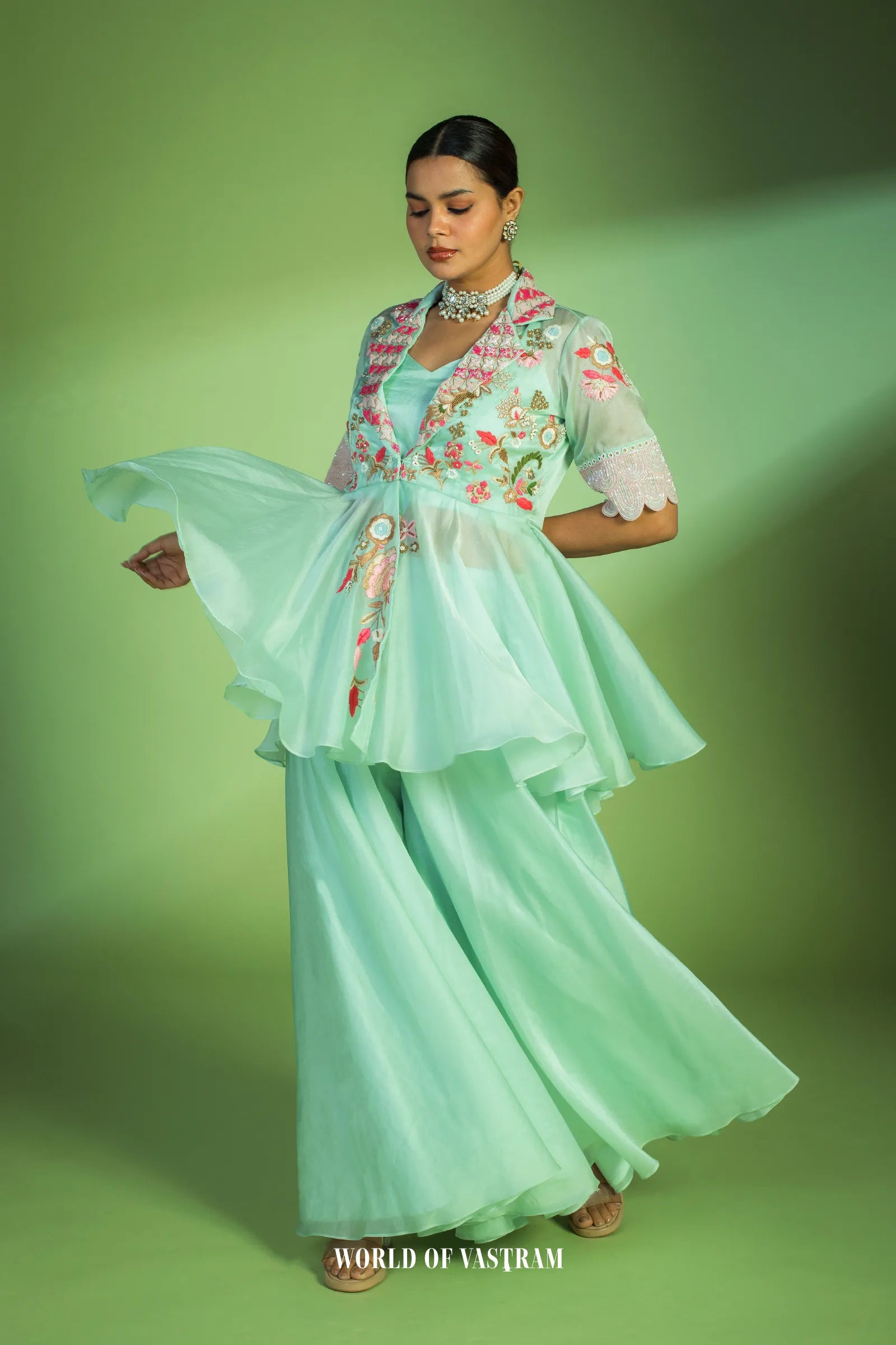 Pastel Blue Peplum Style Embroidered Dress