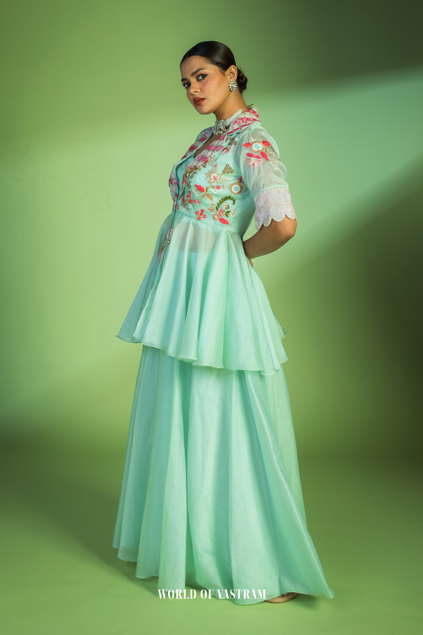 Pastel Blue Peplum Style Embroidered Dress