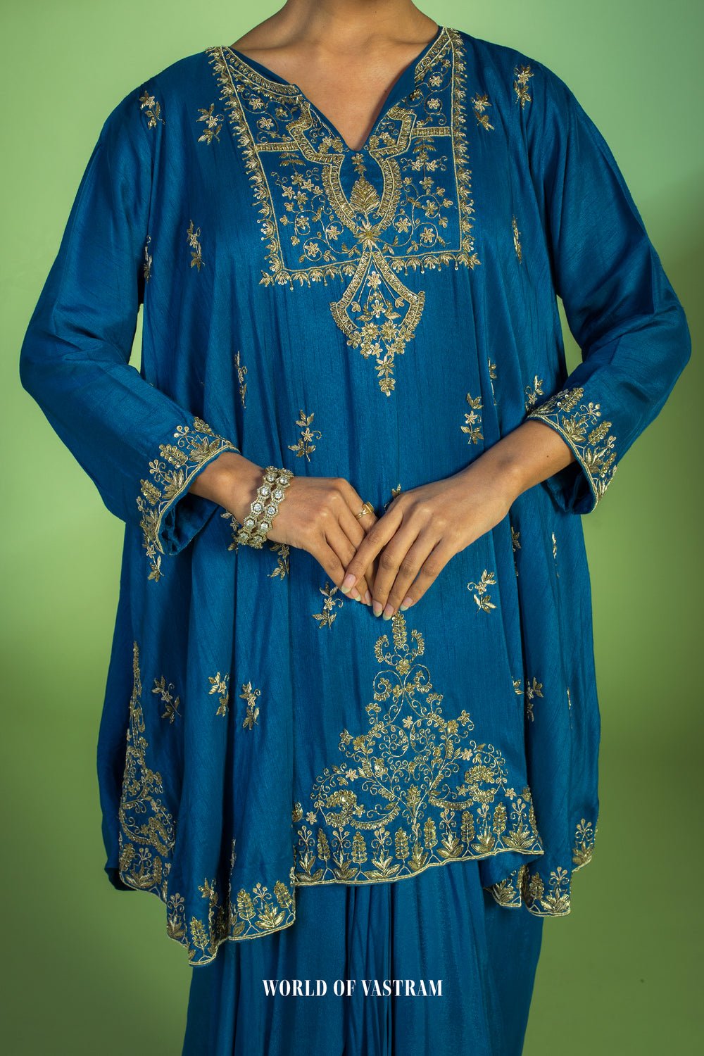 Deep Blue Flowy kurta with drape Skirt