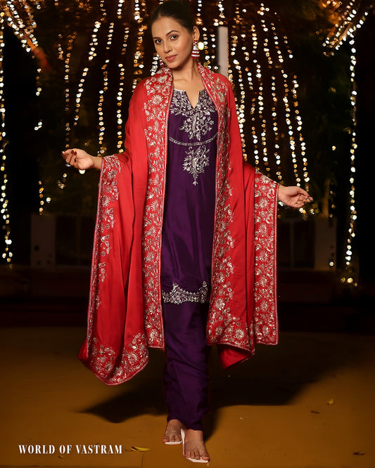 Purple & Red Dhoti Set