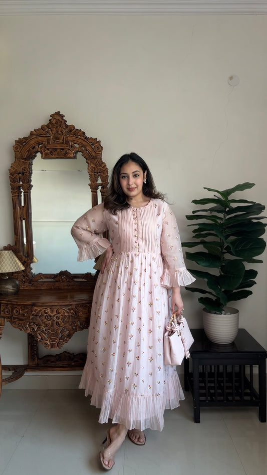 Shreya Sharma wearing blush Pink long dress