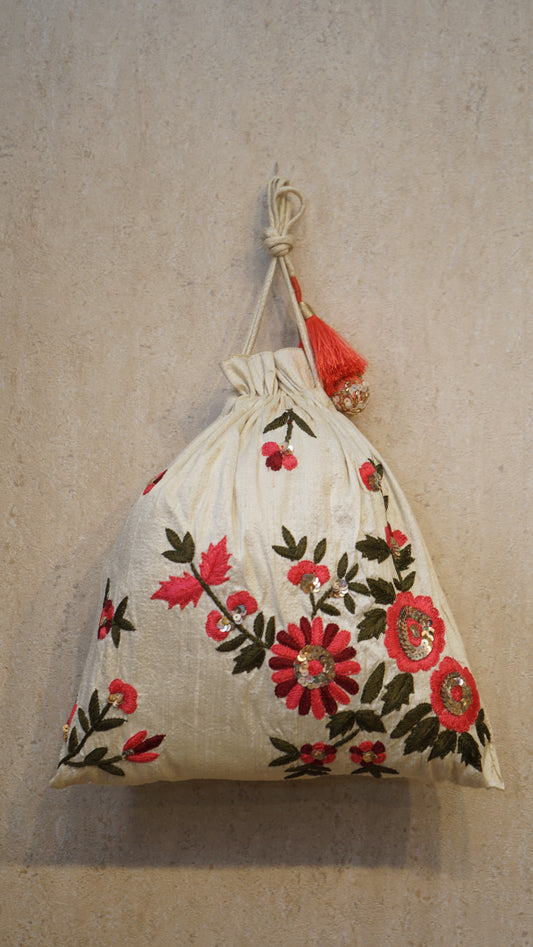 Cream/Beige Floral Embroidery Potli