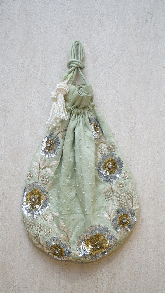 Pastel Green Floral Embroidery Potli