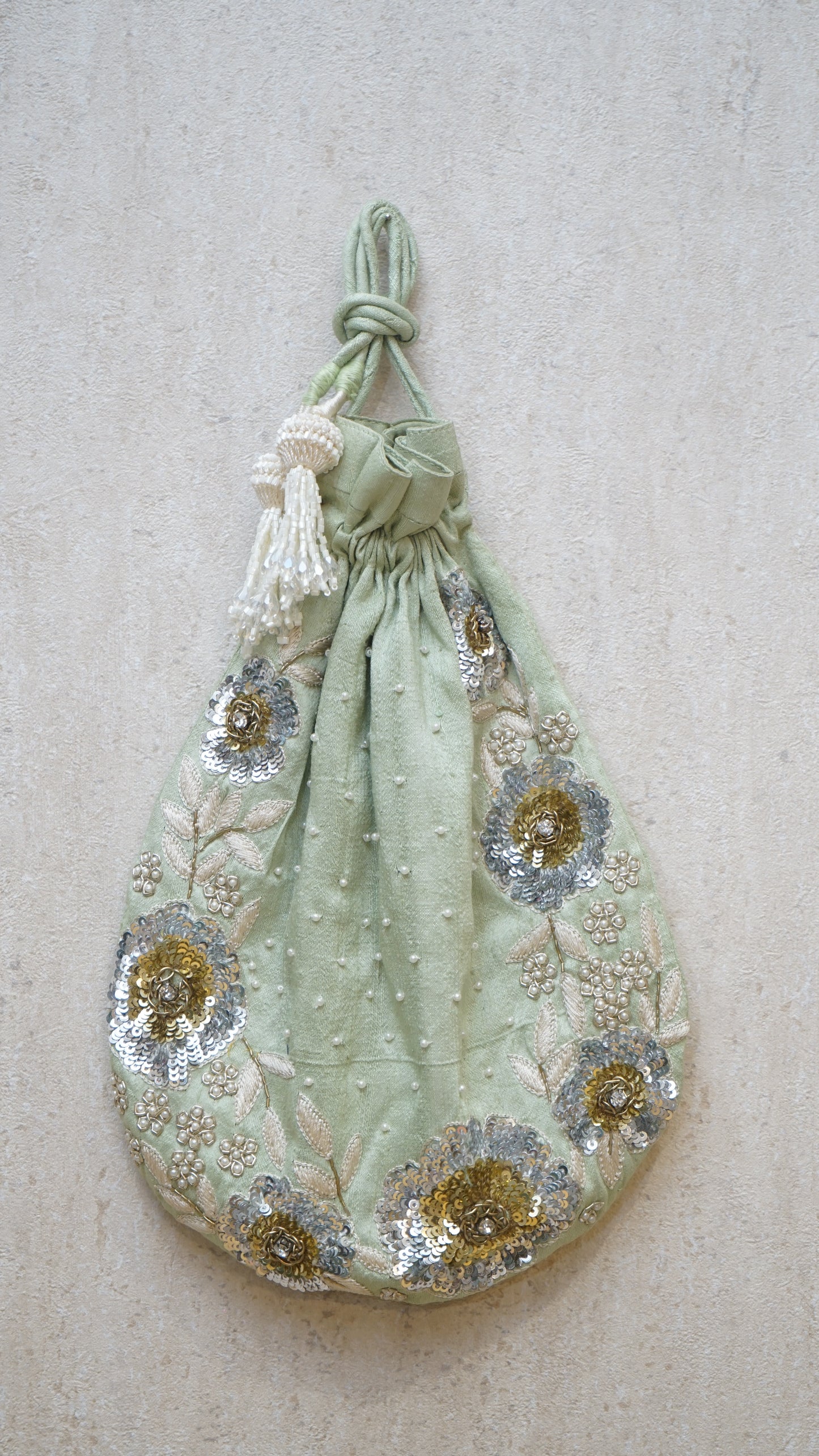Pastel Green Floral Embroidery Potli