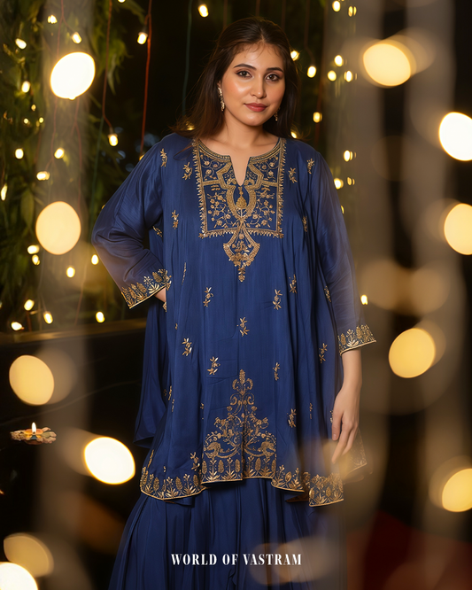 Deep Blue Flowy kurta with drape Skirt