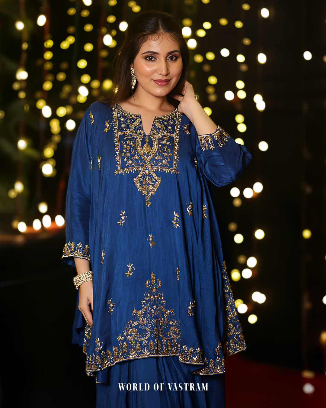 Deep Blue Flowy kurta with drape Skirt