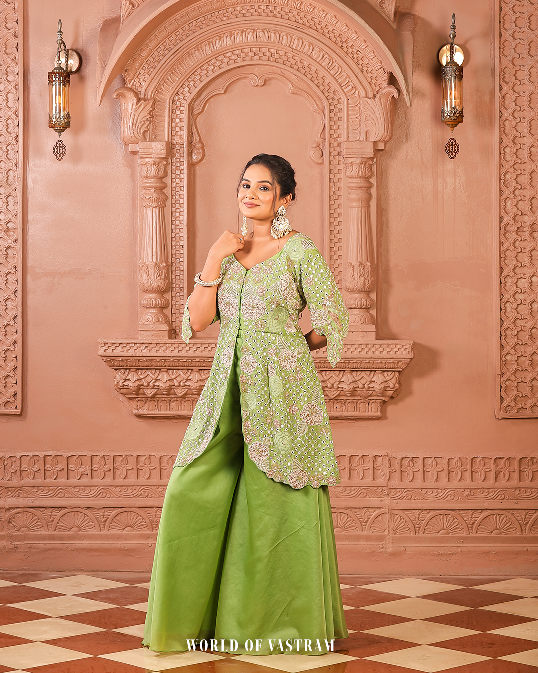 Green Peplum + Pallazo Peacock work