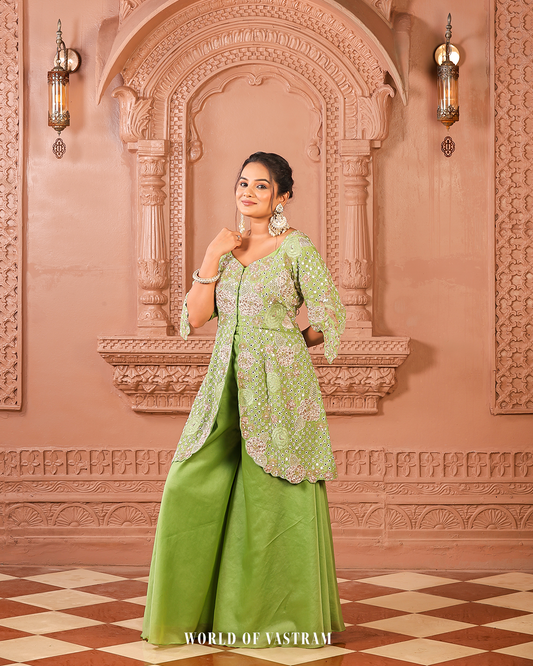 Green Peplum + Pallazo Peacock work