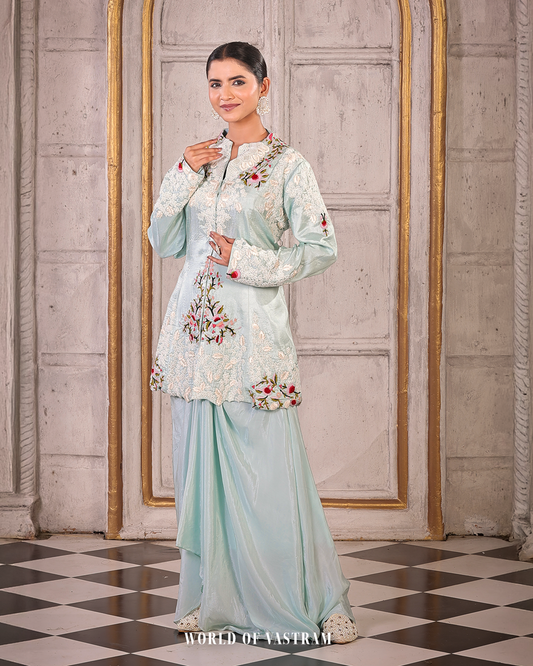 Powder blue peplum topwith draped skirts