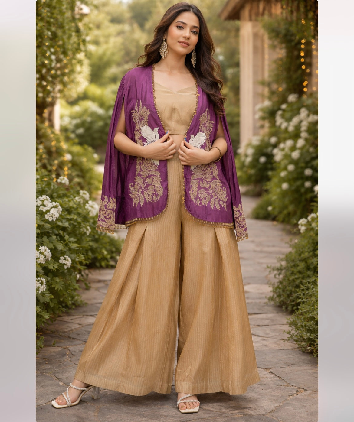 Gold Pleated Sharara Set with Embroidered Cape ✨