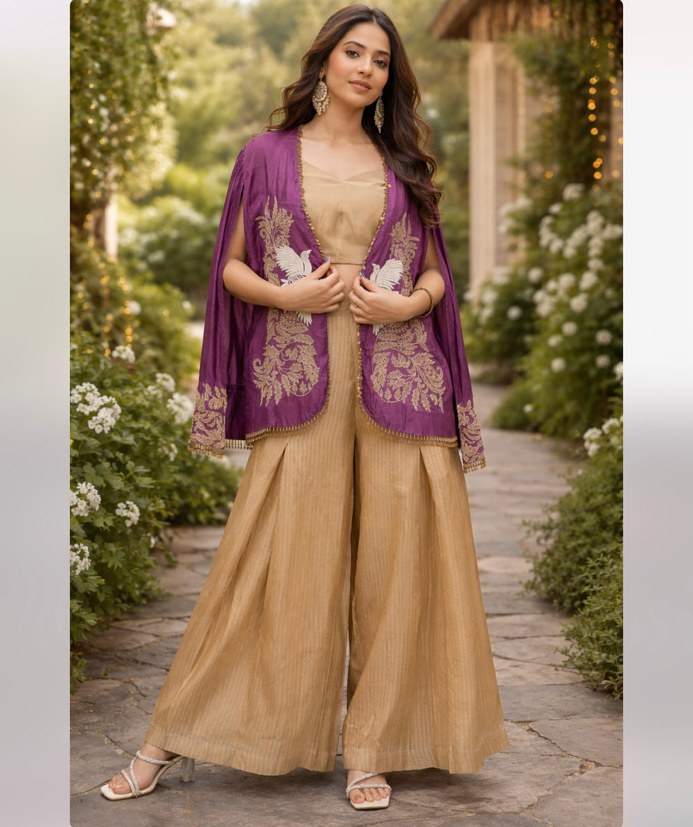 Gold Pleated Sharara Set with Embroidered Cape ✨