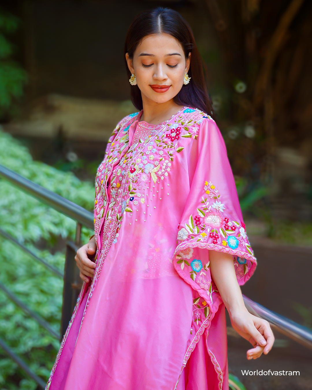Neon Pink short blouse, Cape with lehenga