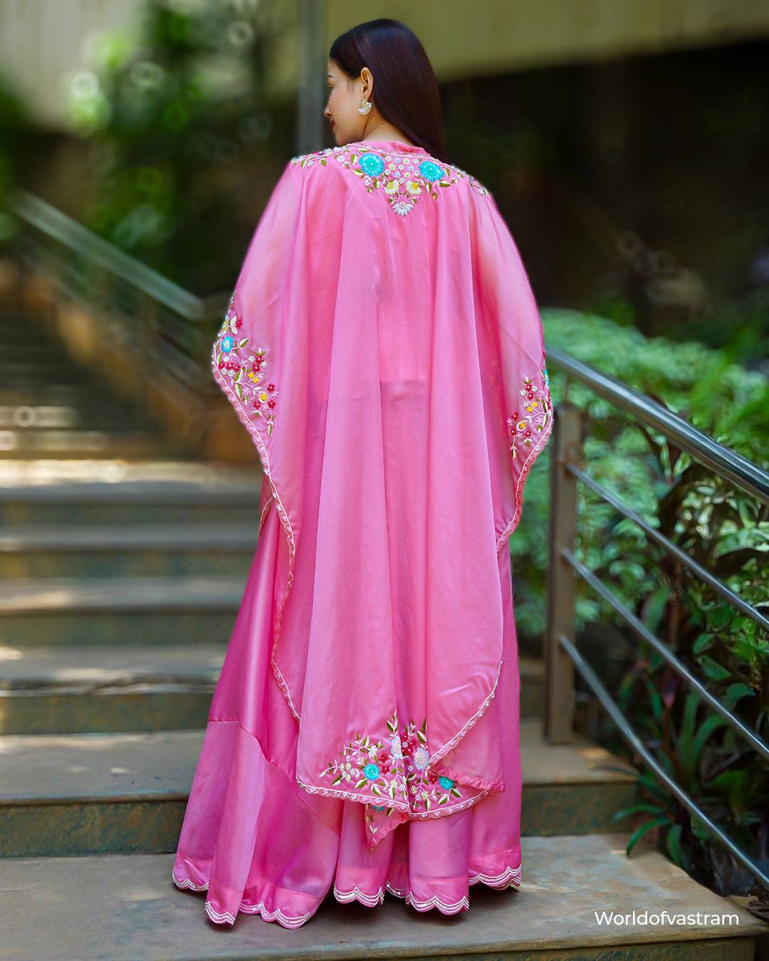 Neon Pink short blouse, Cape with lehenga