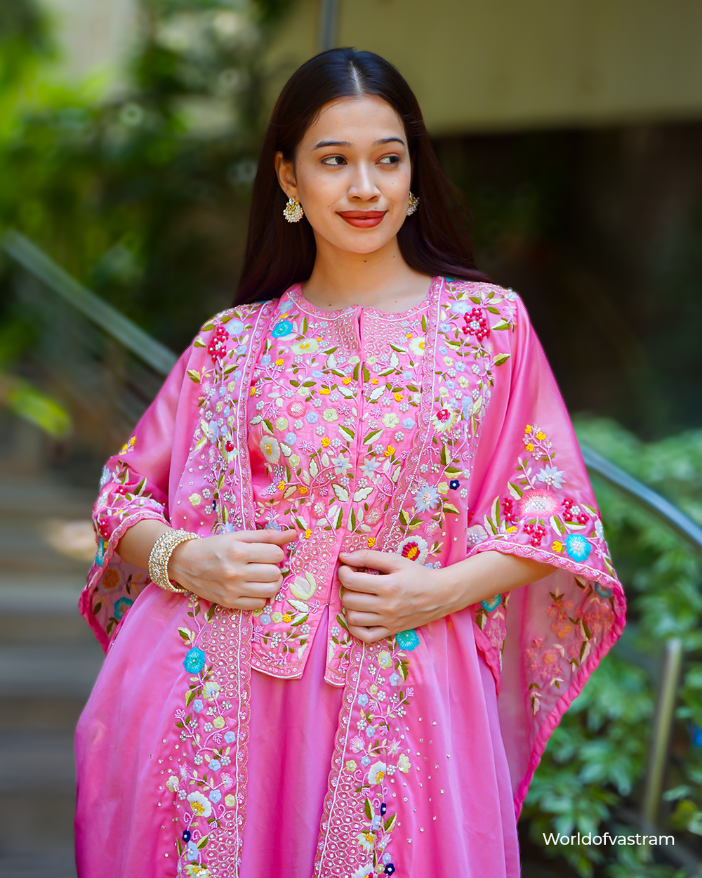 Neon Pink short blouse, Cape with lehenga