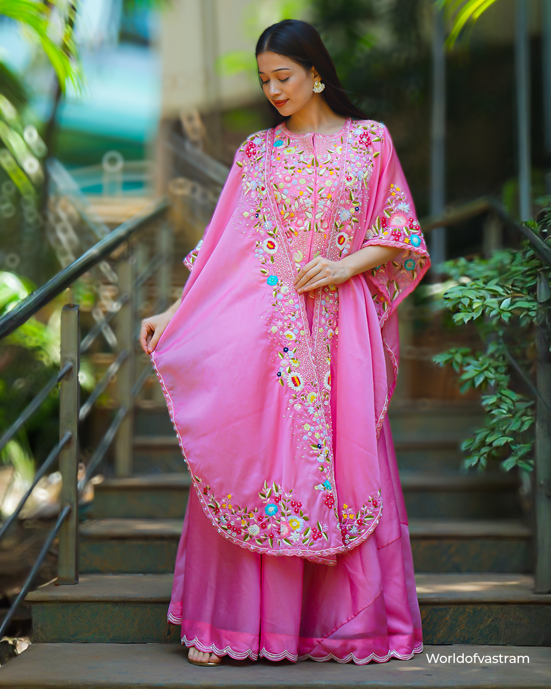 Neon Pink short blouse, Cape with lehenga