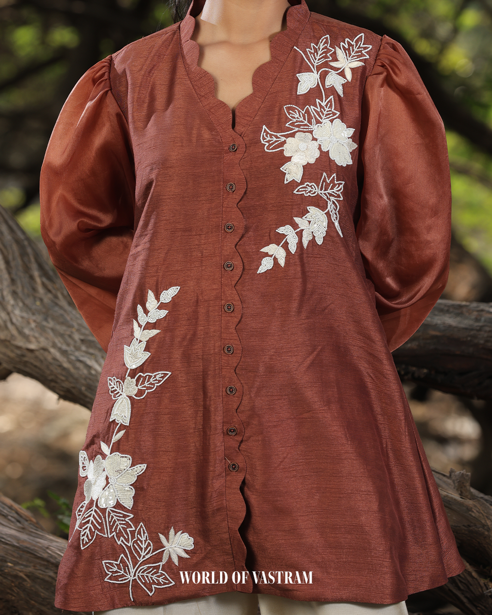 Brown white pearl seuence Work Short Top