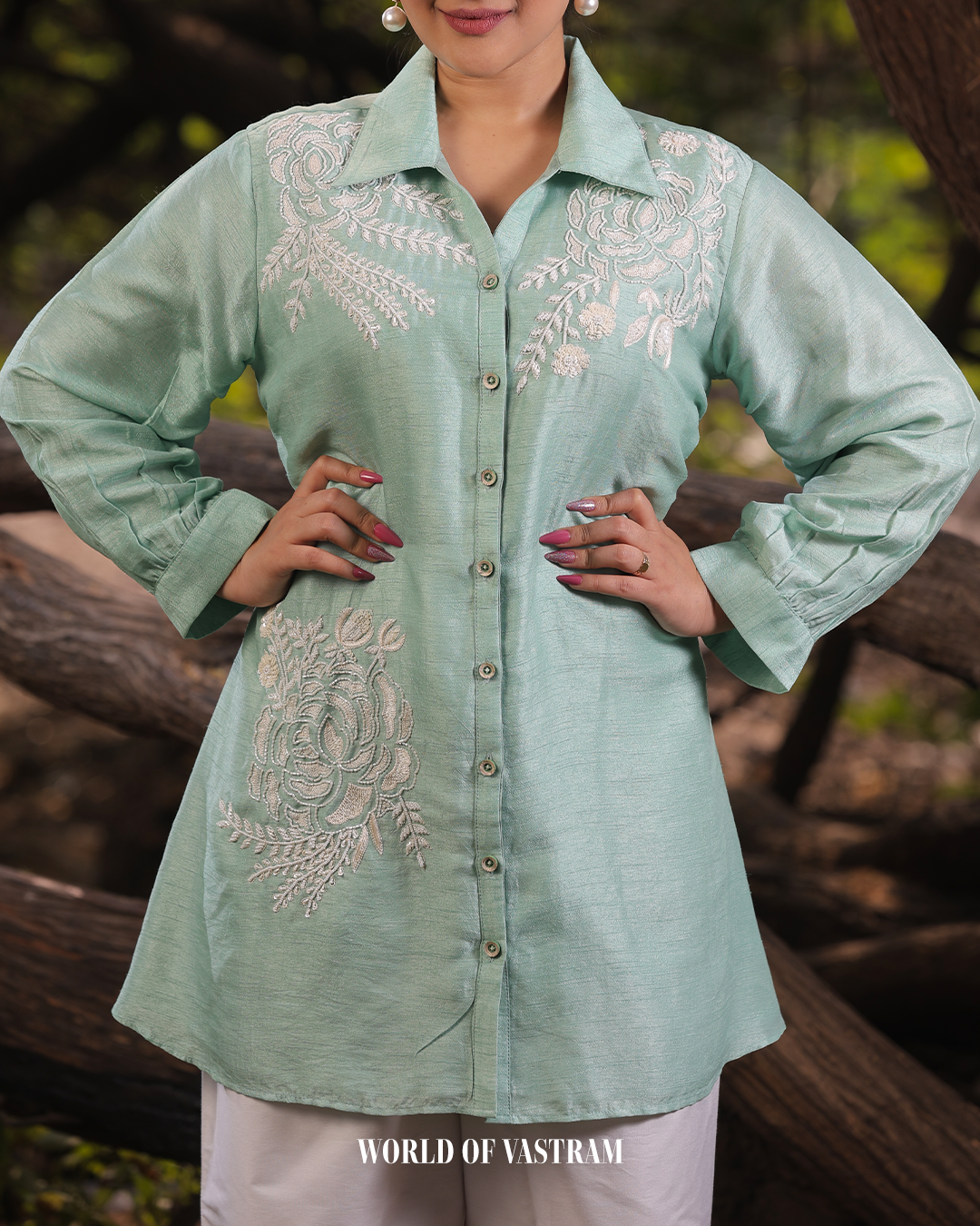 Sea Green White Pearl Thread work Short Top