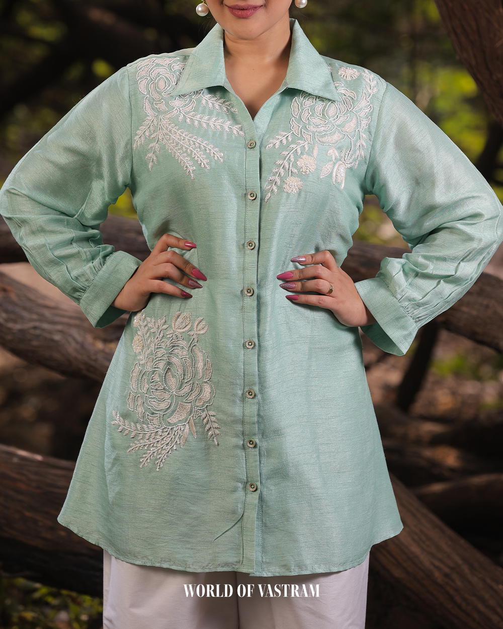 Sea Green White Pearl Thread work Short Top