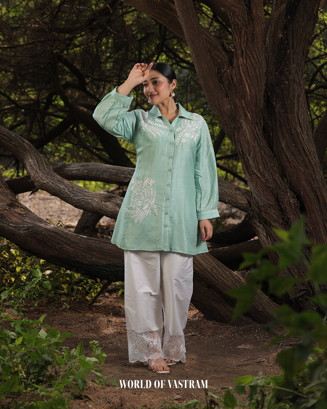 Sea Green White Pearl Thread work Short Top