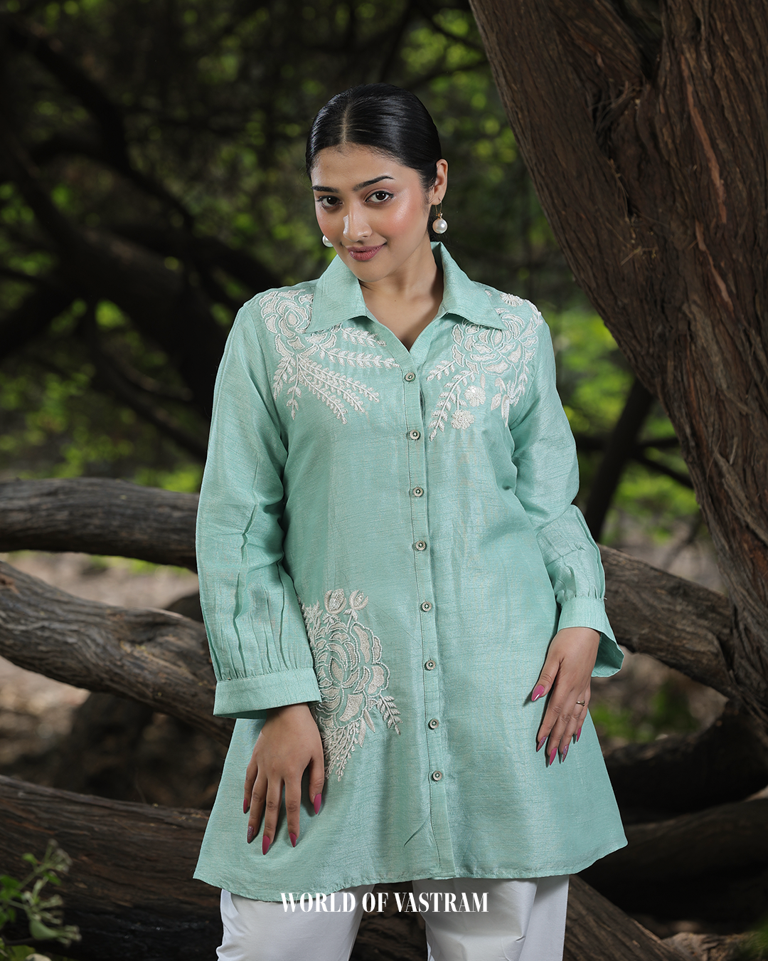 Sea Green White Pearl Thread work Short Top