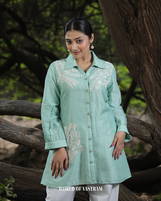 Sea Green White Pearl Thread work Short Top