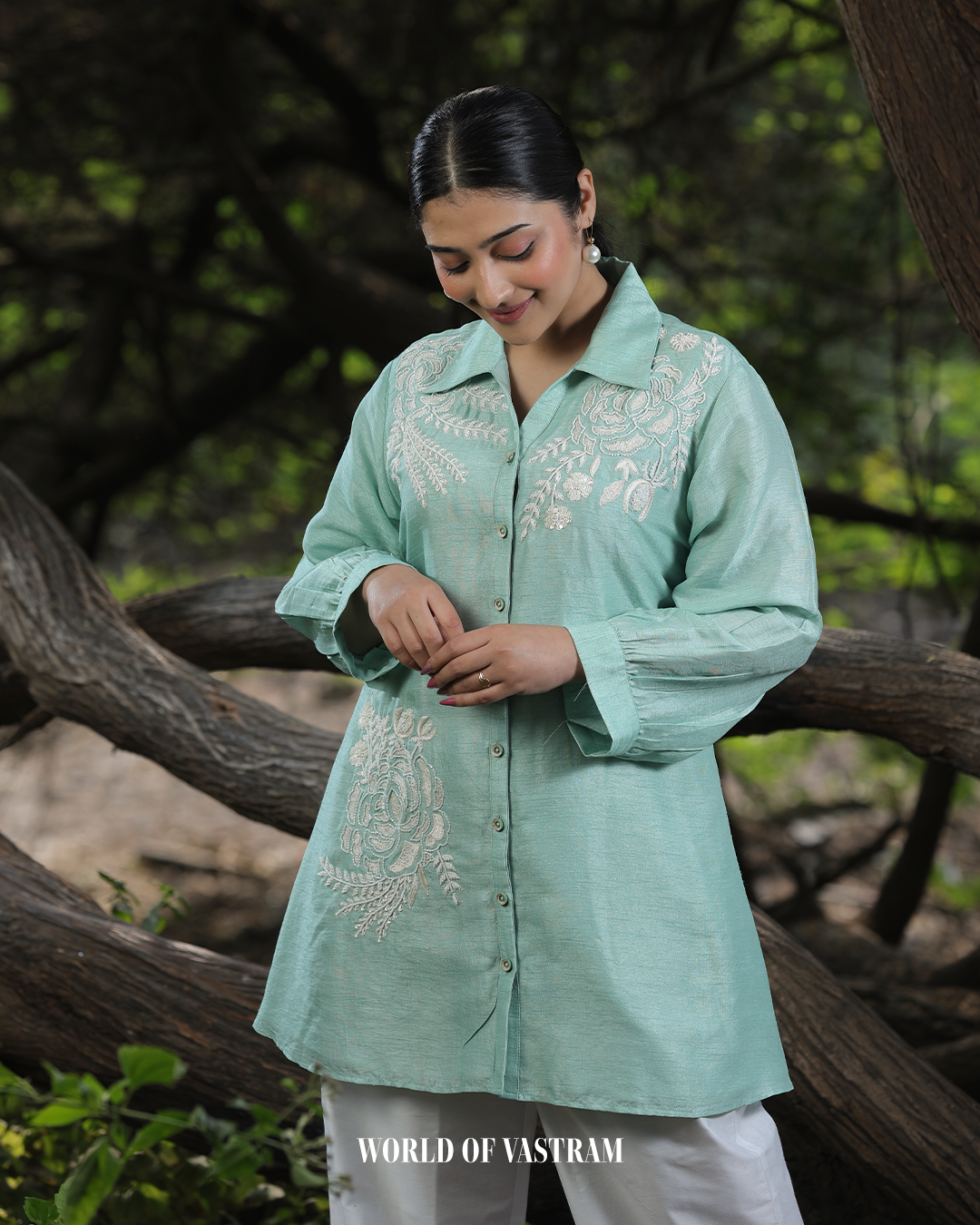 Sea Green White Pearl Thread work Short Top