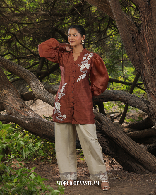 Brown white pearl seuence Work Short Top