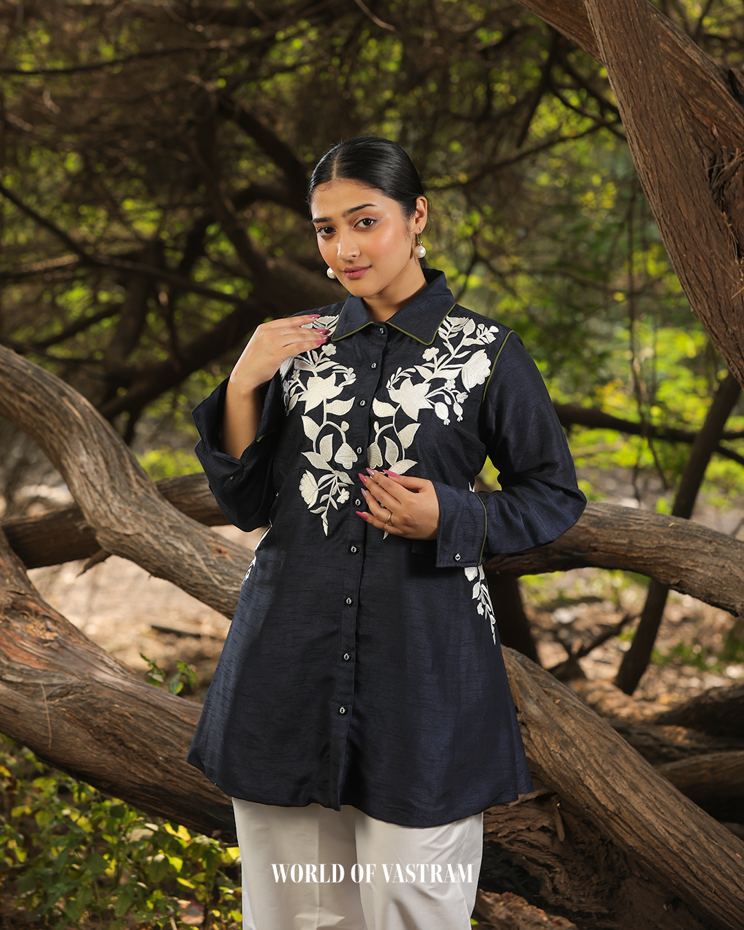 Navy Blue white thread work short top