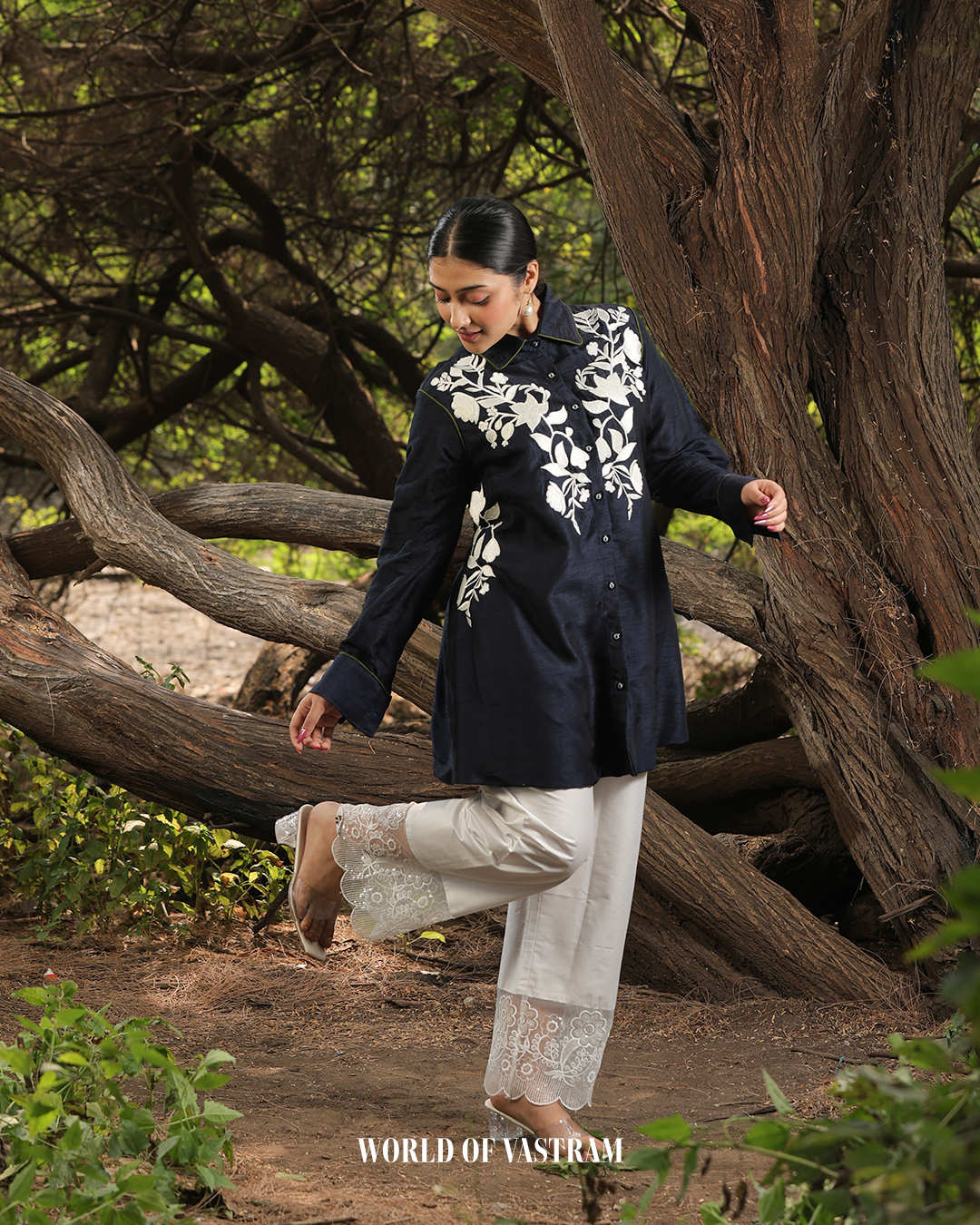 Navy Blue white thread work short top