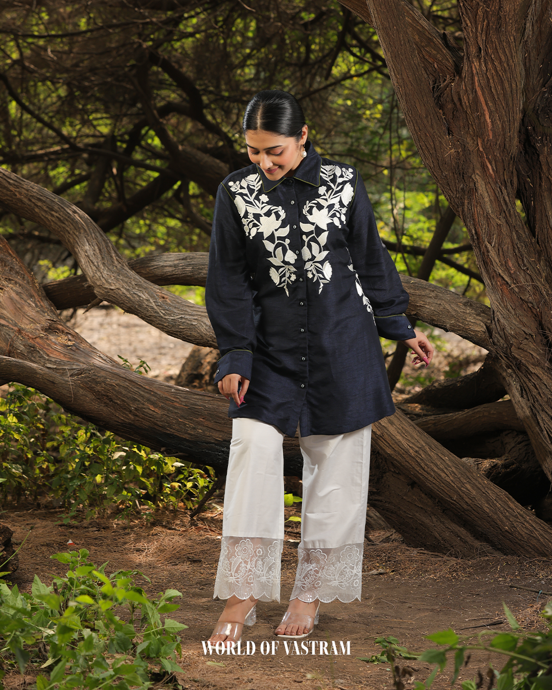 Navy Blue white thread work short top