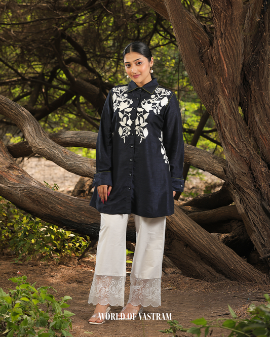 Navy Blue white thread work short top