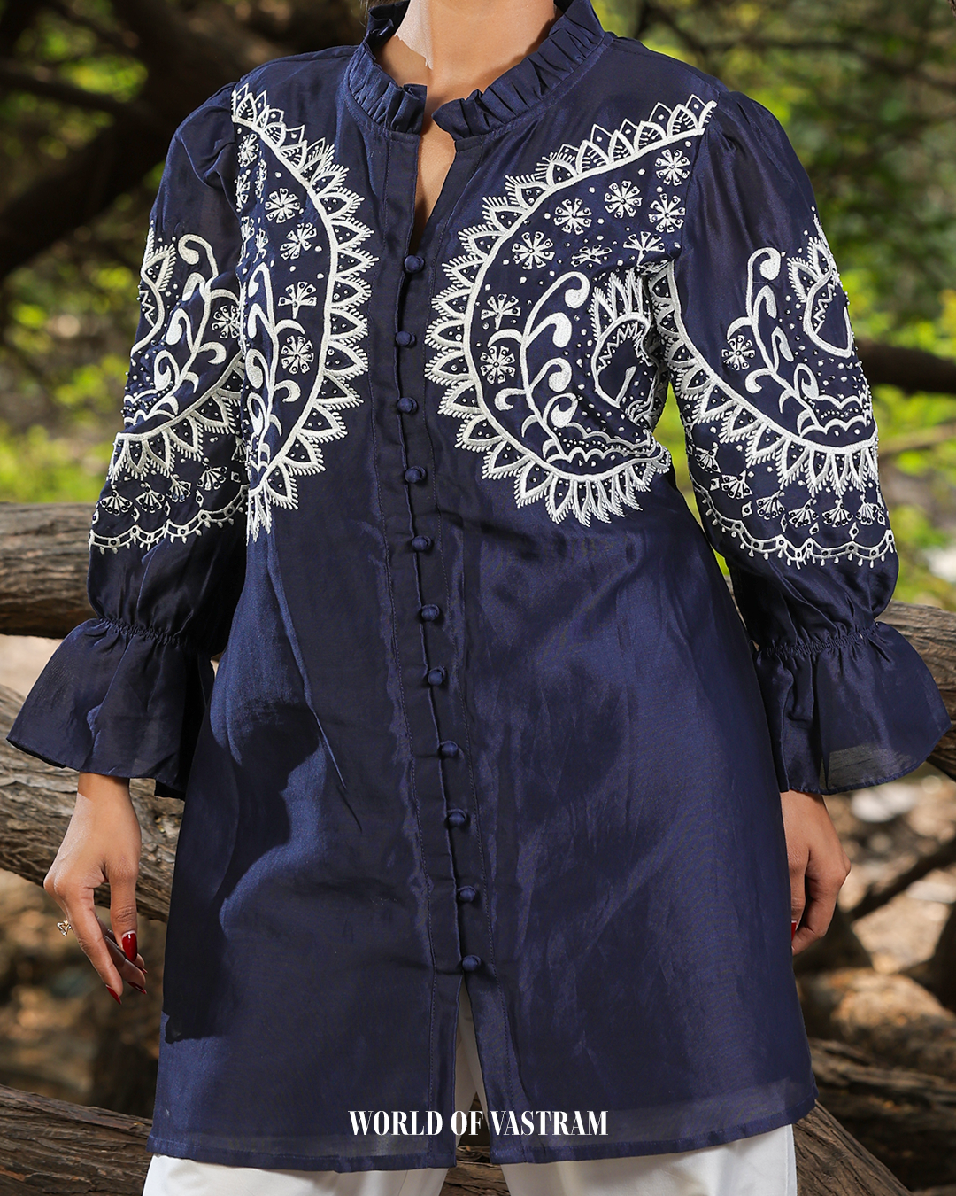 Navy Blue White Circle Work Short Top