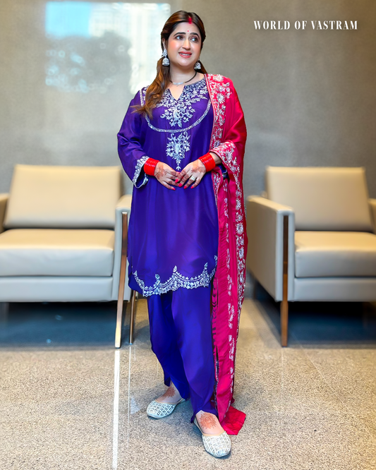 Neha Narang wearing Purple & Red Dhoti Set