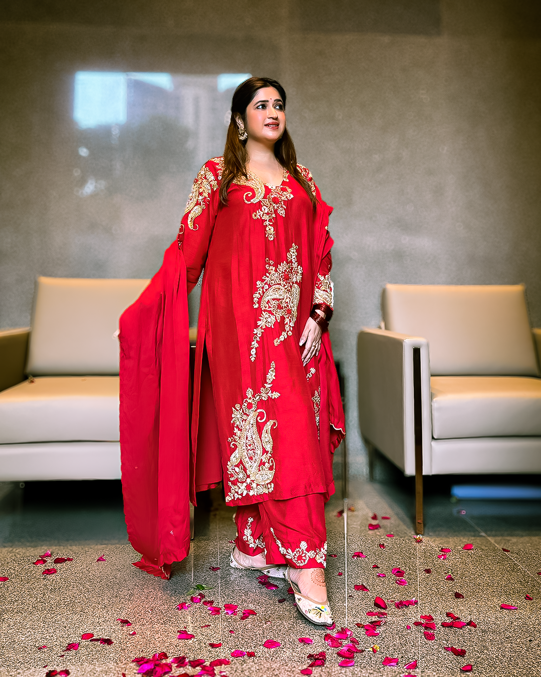 NEHA NARANG Wearing A bright red long kurta set