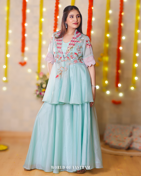 Pastel Blue Peplum Style Embroidered Dress