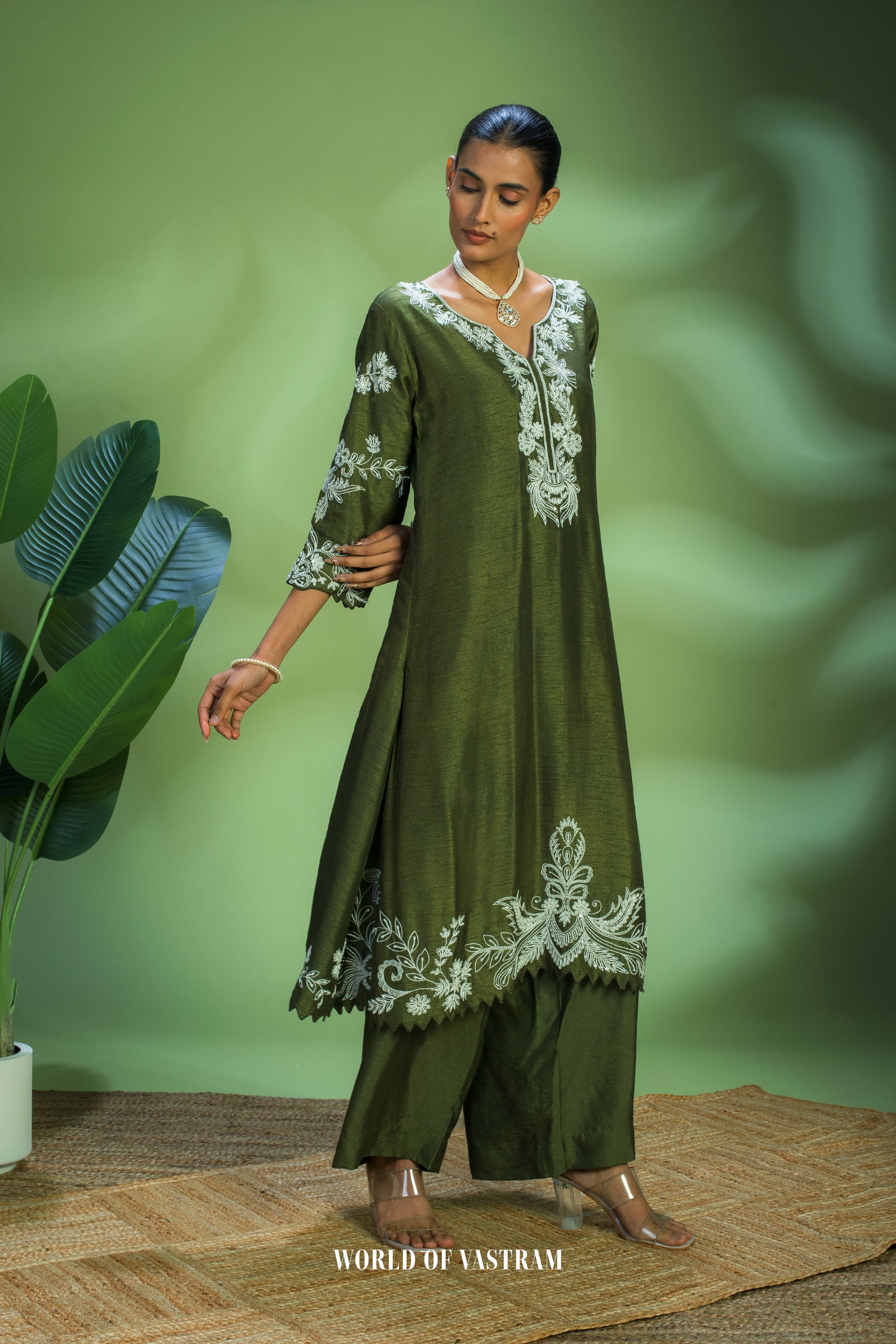 Olive Embroidered Kurta Set