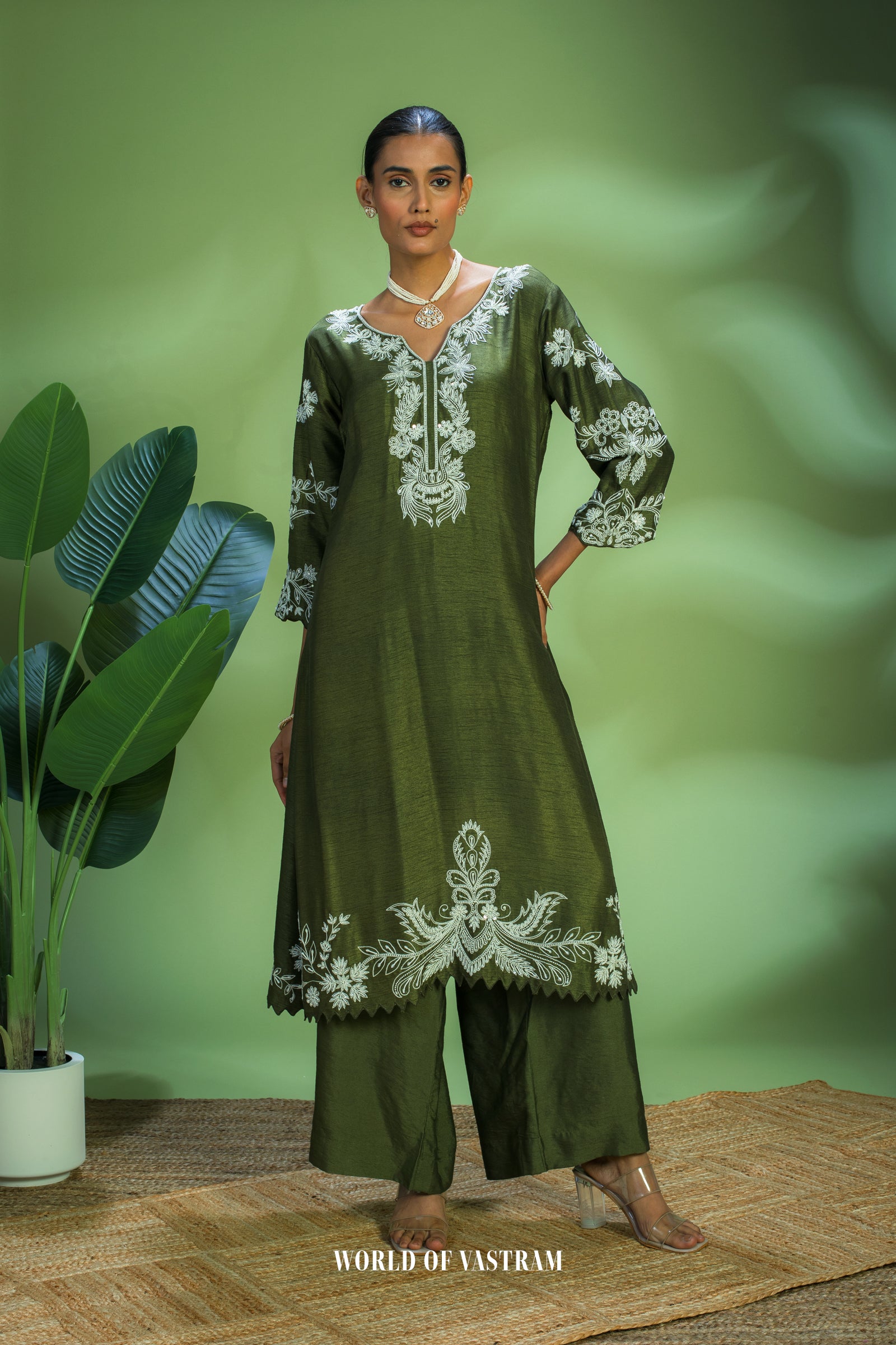 Olive Embroidered Kurta Set