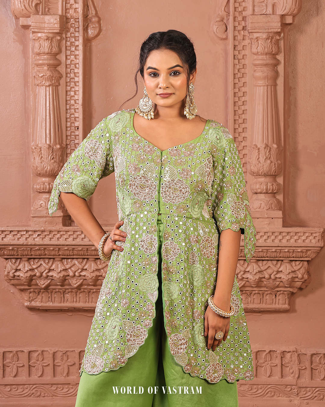 Green Peplum + Pallazo Peacock work