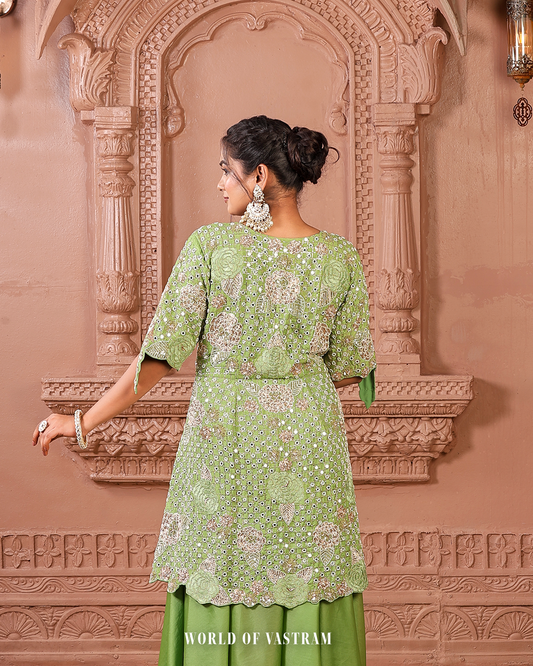 Green Peplum + Pallazo Peacock work