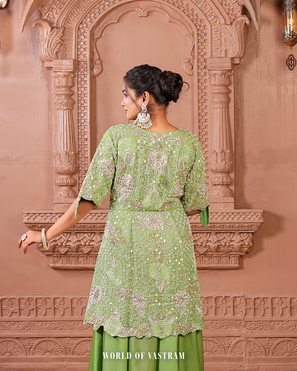 Green Peplum + Pallazo Peacock work