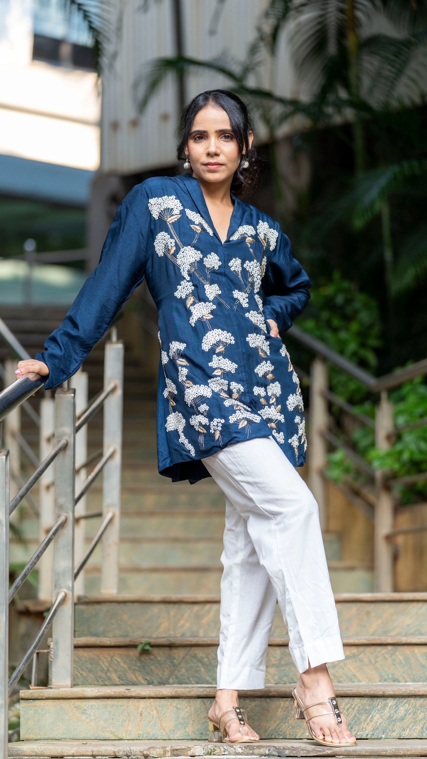 Blue russian silk work top